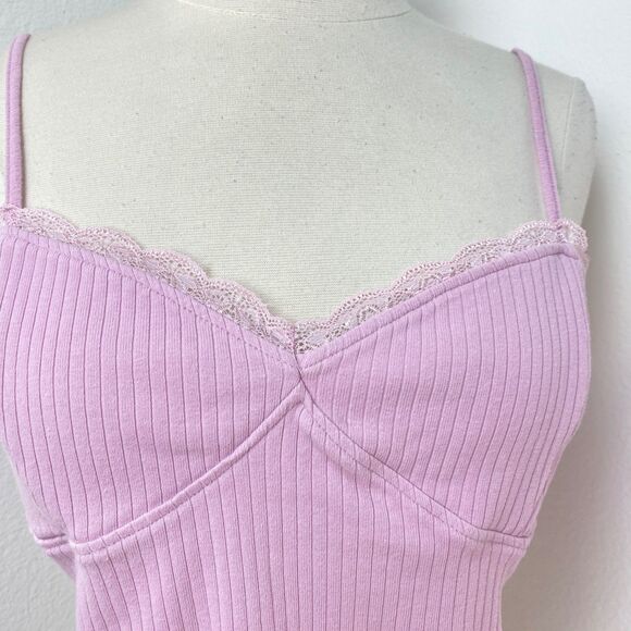 Pac Cares Pink Crop Baby Doll Halter Top Medium Ribbed Knit Lace Boho Fairy Goth - Picture 2 of 9
